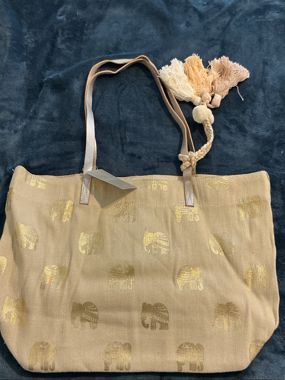 Anthropologie Beige Tote with Gold Elephant Motif and Tassel